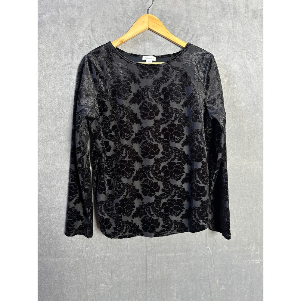 Sundance Women Top L Black Floral Velvet Burnout Floral Long Sleeve Gothic Boho